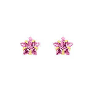 Brinco de Ouro 18K Pedra Zircônia Estrela 5x5mm Rosa