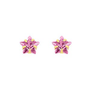 Brinco de Ouro 18K Pedra Zircônia Estrela 5x5mm Rosa