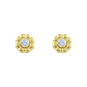 Brinco de Ouro 18K de Flor com Pedra 2mm Zircônia Azul Claro