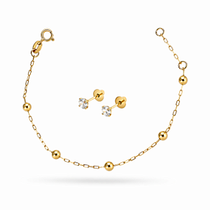 Conjunto Minha Primeira Joia em Ouro 18k - Brinco Pedra Branca 2,5 mm + Pulseira de Bolinha 12 cm