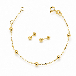 Conjunto Minha Primeira Joia em Ouro 18k - Brinco 3mm + Pulseira de Bolinha 13cm com contra argola 12,5cm
