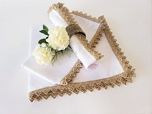 guardanapo linho branco. guardanapo branco renda dourada kit guardanapos 8 pçs