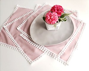 Guardanapo linho coquetel rosa com renda  14 lugares