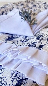 Toalha tecido  redonda azul e branco 200 cm