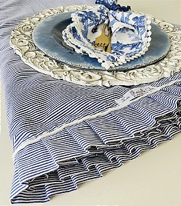 Toalha de mesa redonda azul e branco