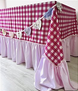 Toalha mesa xadrez rosa com babados