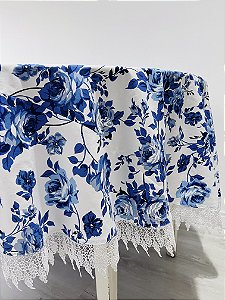 Toalha  de mesa redonda floral azul e branco