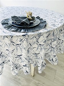 Toalha de mesa redonda azul e branco