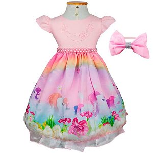 Vestido Infantil Unicórnio com tiara e faixa de cortesia Tam 1 ao 4