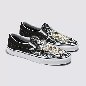 TÊNIS VANS SLIP-ON FLAME SKULL BLACK TRUE WHITE