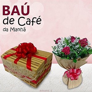 Cesta de Café da Manhã Mini Kit Matinal com Ramalhete de Rosas