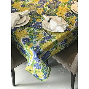 Toalha de Mesa em Gorgurinho Floral Amarelo, Azul e Verde