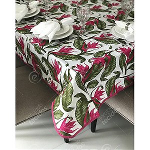 Toalha de Mesa em Gorgurinho Floral Verde e Rosa