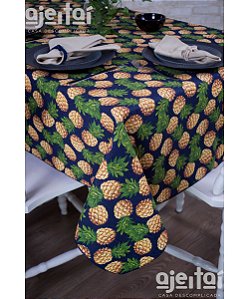 Toalha de Mesa em Jacquard Abacaxi Amarelo Fundo Marinho