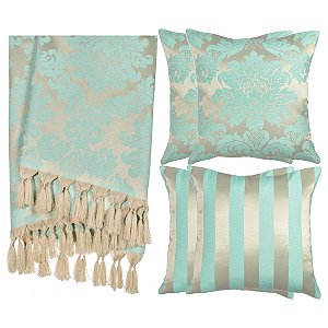 Kit Manta e Capas de Almofada em Tecido Jacquard Tradicional Dourado e Turquesa