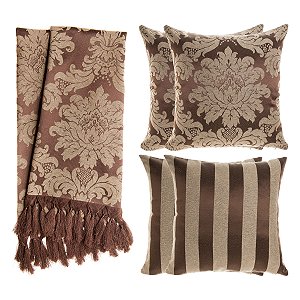 Kit Manta e Capas de Almofada em Tecido Jacquard Tradicional Marrom e Bege