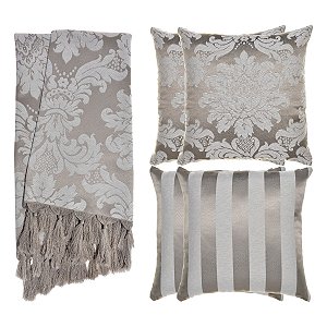 Kit Manta e Capas de Almofada em Tecido Jacquard Tradicional Cinza e Cru