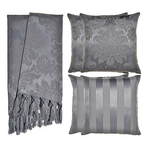 Kit Manta e Capas de Almofada em Tecido Jacquard Tradicional Cinza Chumbo