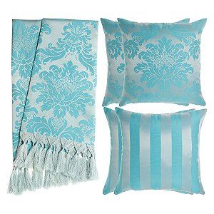 Kit Manta e Capas de Almofada em Tecido Jacquard Tradicional Azul e Prata
