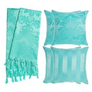 Kit Manta e Capas de Almofada em Tecido Jacquard Tradicional Azul Tiffany