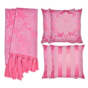 Kit Manta e Capas de Almofada em Tecido Jacquard Tradicional Rosa Chiclete