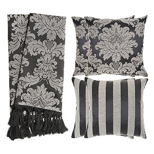 Kit Manta e Capas de Almofada em Tecido Jacquard Tradicional Preto e Cru