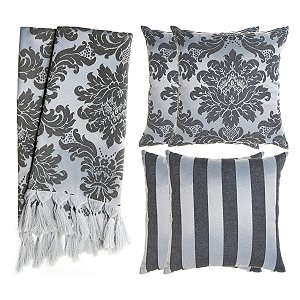 Kit Manta e Capas de Almofada em Tecido Jacquard Tradicional Preto e Prata