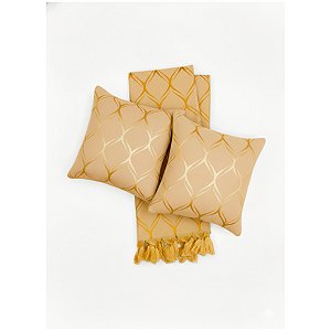 Kit Manta e Capas de Almofada em Tecido Jacquard Tradicional Losango Dourado
