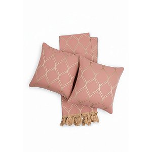 Kit Manta e Capas de Almofada em Tecido Jacquard Tradicional Losango Rosa Envelhecido e Dourado