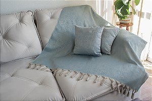 Kit Manta e Capas de Almofada em Tecido Jacquard Tradicional Falso Liso Azul e Dourado