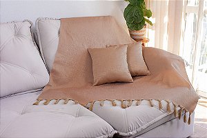 Kit Manta e Capas de Almofada em Tecido Jacquard Tradicional Falso Liso Rosa Envelhecido e Dourado