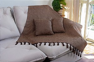 Kit Manta e Capas de Almofada em Tecido Jacquard Tradicional Falso Liso Marrom e Bege
