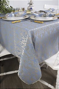 Toalha de Mesa Retangular em Tecido Jacquard Azul e Dourado Adamascado Tradicional