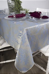 Toalha de Mesa Retangular em Tecido Jacquard Azul e Dourado Arabesco Tradicional