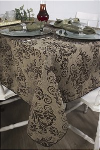 Toalha de Mesa Quadrada em Tecido Jacquard Marrom e Bege Arabesco Tradicional