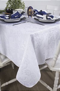 Toalha de Mesa Retangular em Tecido Jacquard Branco Arabesco Tradicional