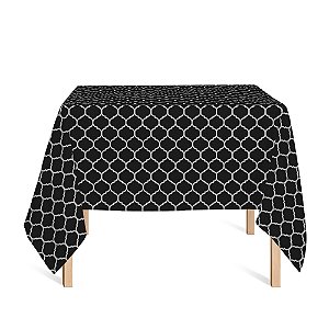 Toalha de Mesa Quadrada em Tecido Jacquard Preto e Crú Geométrico Tradicional