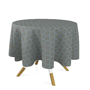 Toalha de Mesa Redonda em Tecido Jacquard Azul e Dourado Geométrico Tradicional