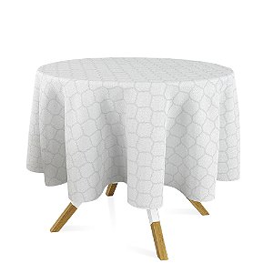 Toalha de Mesa Redonda em Tecido Jacquard Branco Geométrico Tradicional