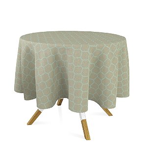 Toalha de Mesa Redonda em Tecido Jacquard Dourado e Turquesa Geométrico Tradicional