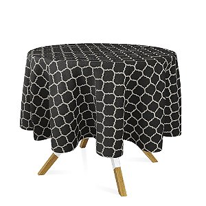Toalha de Mesa Redonda em Tecido Jacquard Preto e Crú Geométrico Tradicional
