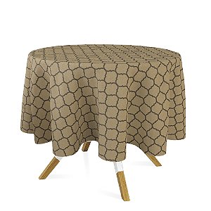 Toalha de Mesa Redonda em Tecido Jacquard Preto e Dourado Geométrico Tradicional