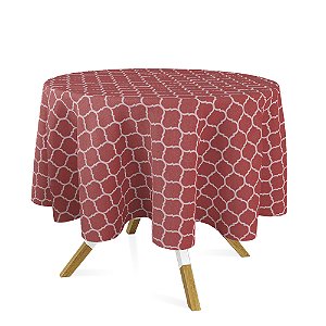 Toalha de Mesa Redonda em Tecido Jacquard Vermelho e Branco Geométrico Tradicional