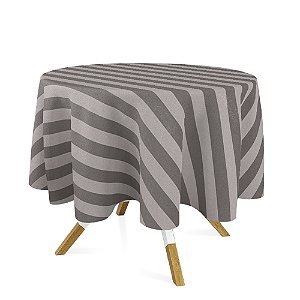 Toalha de Mesa Redonda em Tecido Jacquard Cinza e Crú Listrado Tradicional