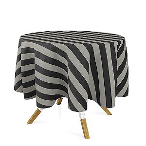 Toalha de Mesa Redonda em Tecido Jacquard Preto e Cru Listrado Tradicional