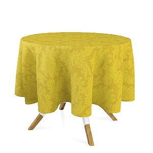 Toalha de Mesa Redonda em Tecido Jacquard Amarelo Ouro Medalhão Tradicional