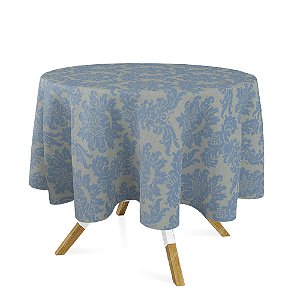 Toalha de Mesa Redonda em Tecido Jacquard Azul e Dourado Medalhão Tradicional