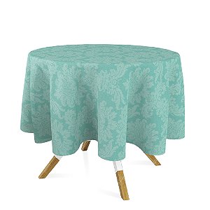 Toalha de Mesa Redonda em Tecido Jacquard Azul Tiffany Medalhão Tradicional