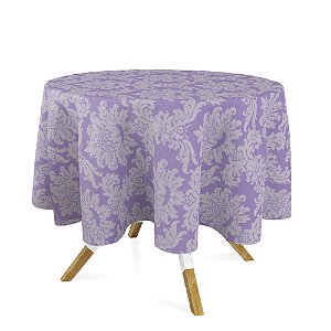 Toalha de Mesa Redonda em Tecido Jacquard Lilás e Cru Medalhão Tradicional