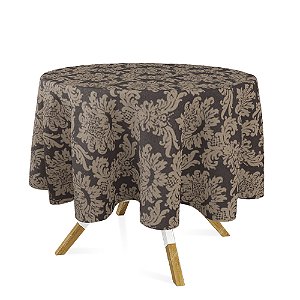 Toalha de Mesa Redonda em Tecido Jacquard Marrom e Bege Medalhão Tradicional